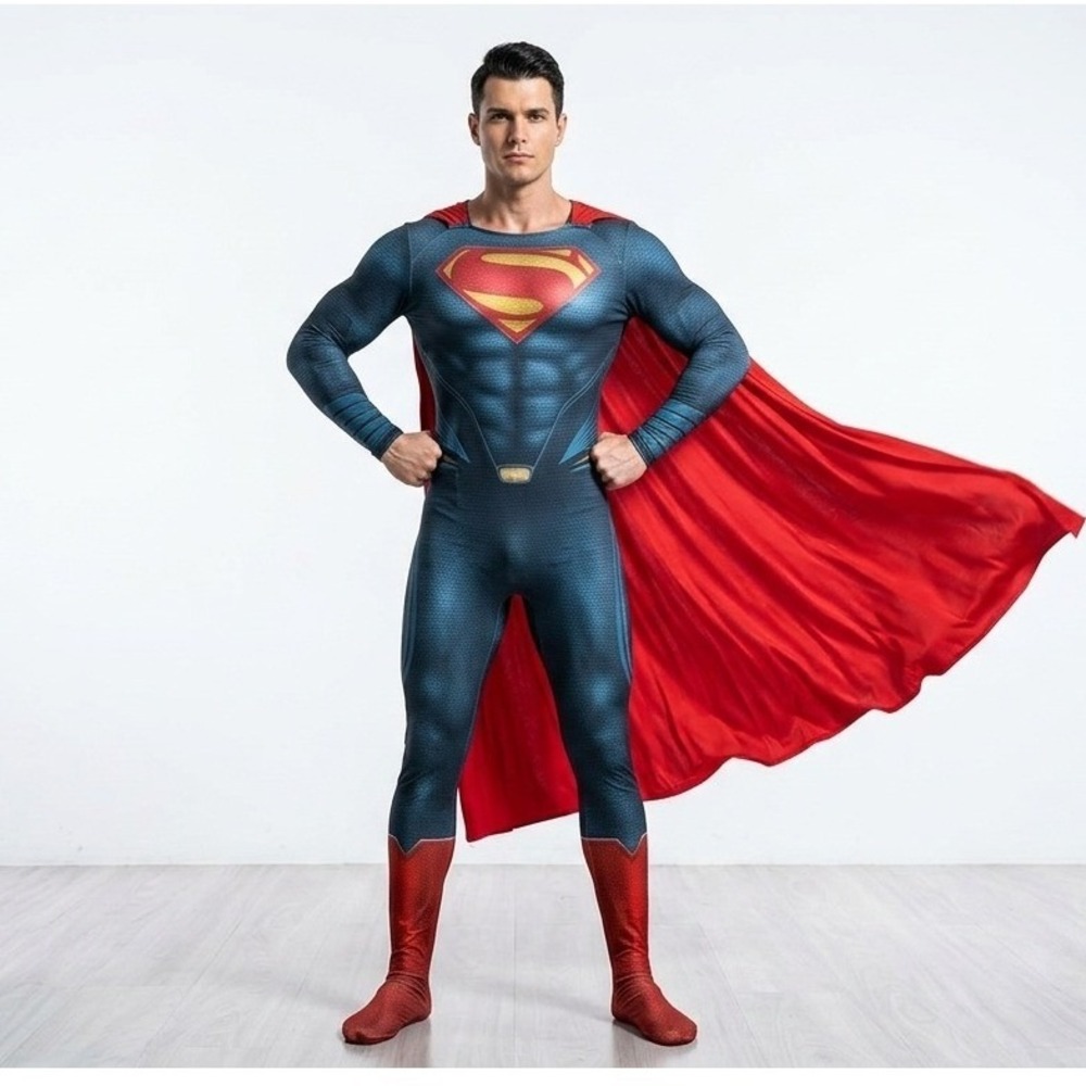 Superman Man of Steel Men Costume Blue Red Cosplay Jumpsuit with Cape Size L/180